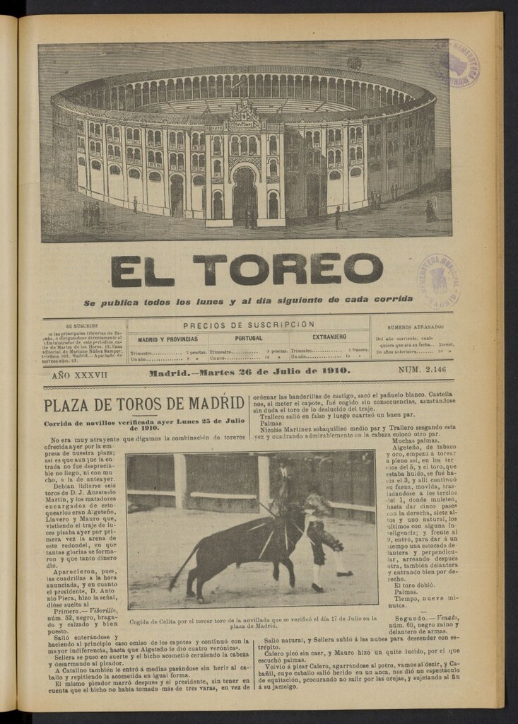 Miniatura de El Toreo: suplemento a "La Correspondencia Teatral"  del 26 de julio de 1910, nº 2146