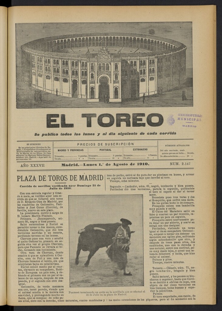Miniatura de El Toreo: suplemento a "La Correspondencia Teatral"  del 1 de agosto de 1910, nº 2147