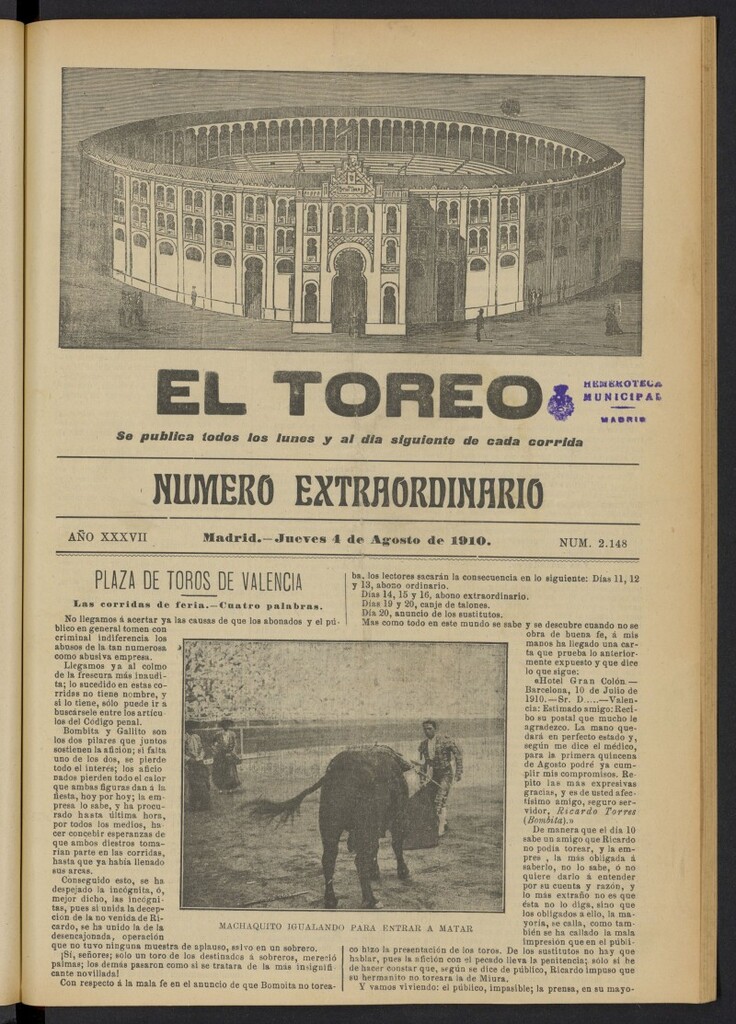 Miniatura de El Toreo: suplemento a "La Correspondencia Teatral"  del 4 de agosto de 1910, nº 2148