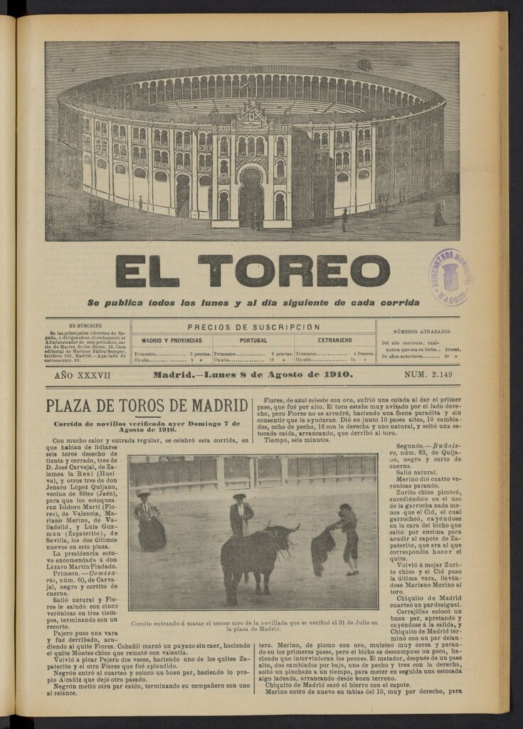 Miniatura de El Toreo: suplemento a "La Correspondencia Teatral"  del 8 de agosto de 1910, nº 2149