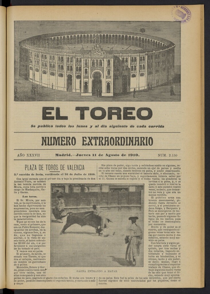 Miniatura de El Toreo: suplemento a "La Correspondencia Teatral"  del 11 de agosto de 1910, nº 2150