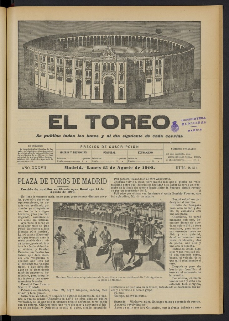 Miniatura de El Toreo: suplemento a "La Correspondencia Teatral"  del 15 de agosto de 1910, nº 2151