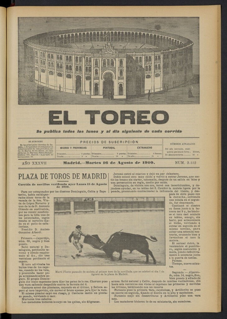 Miniatura de El Toreo: suplemento a "La Correspondencia Teatral"  del 16 de agosto de 1910, nº 2152