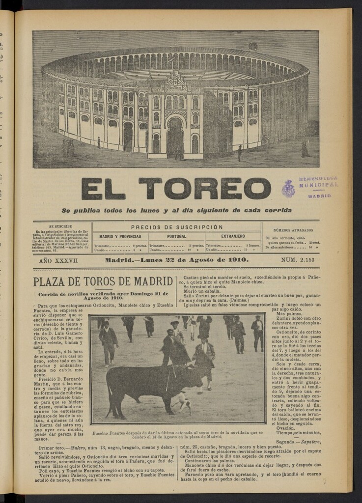 Miniatura de El Toreo: suplemento a "La Correspondencia Teatral"  del 22 de agosto de 1910, nº 2153