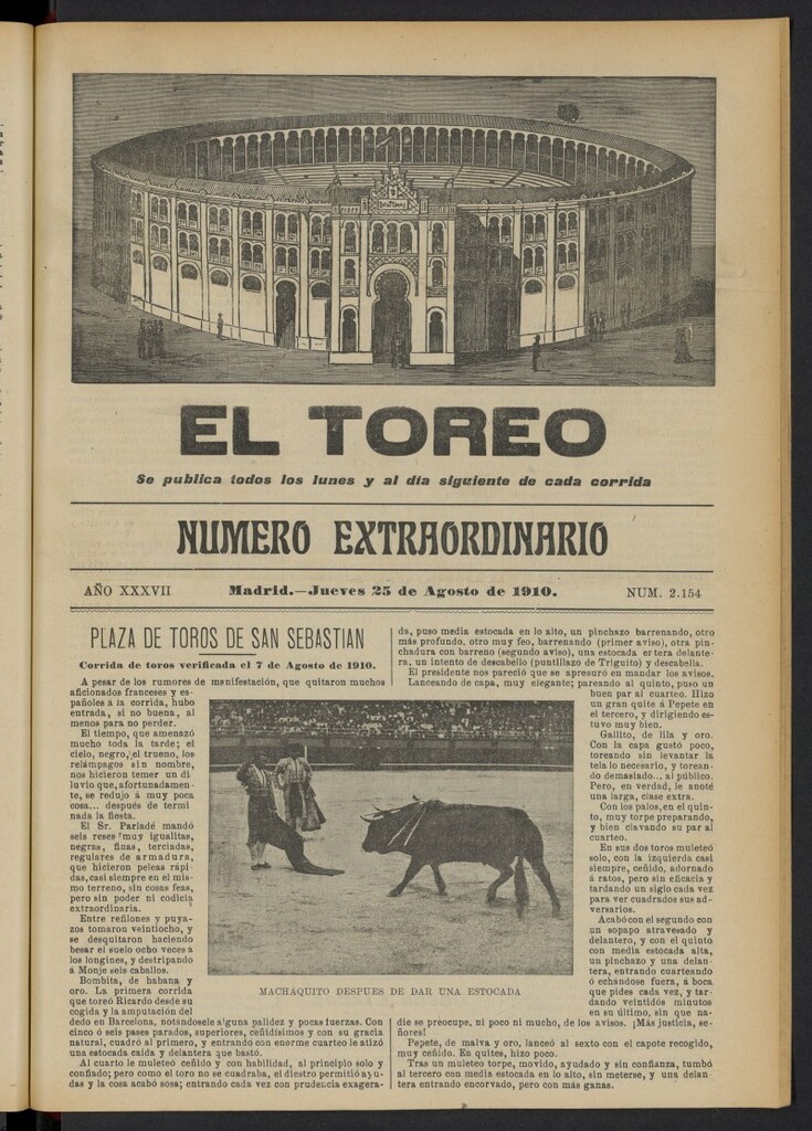 Miniatura de El Toreo: suplemento a "La Correspondencia Teatral"  del 25 de agosto de 1910, nº 2154