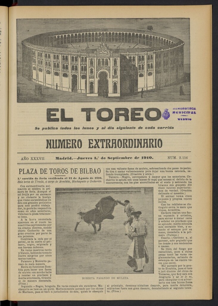 Miniatura de El Toreo: suplemento a "La Correspondencia Teatral"  del 1 de septiembre de 1910, nº 2156