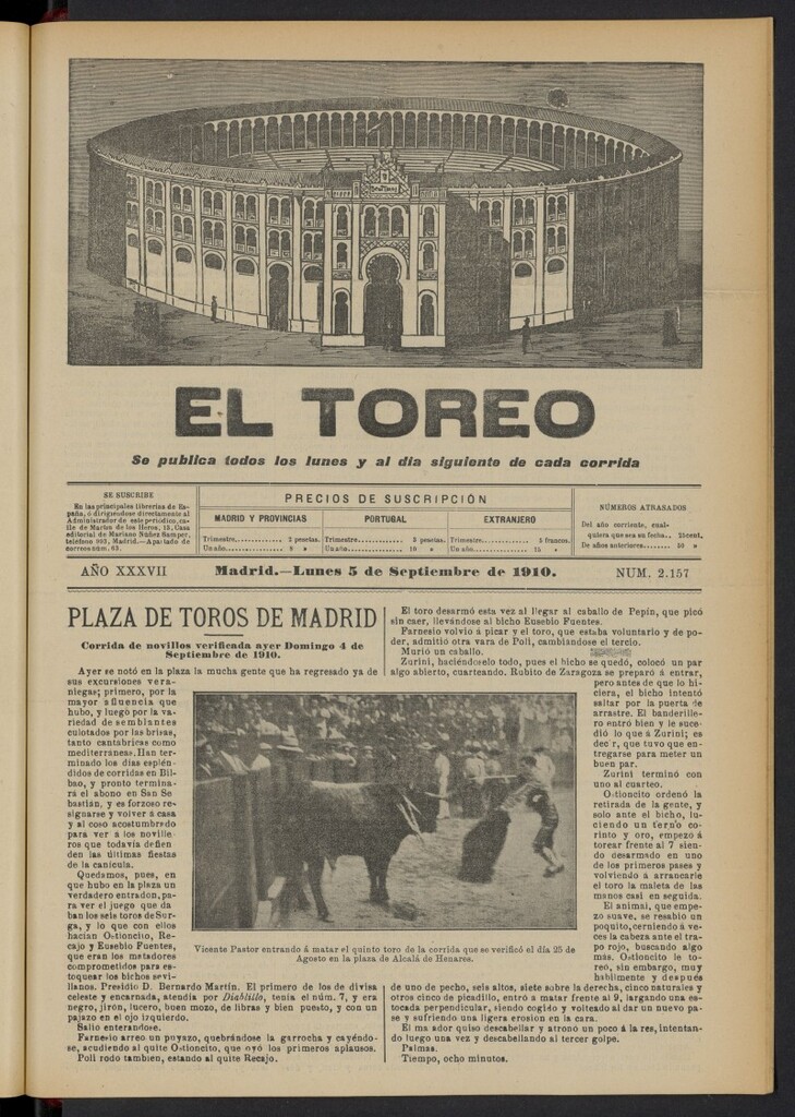 Miniatura de El Toreo: suplemento a "La Correspondencia Teatral"  del 5 de septiembre de 1910, nº 2157