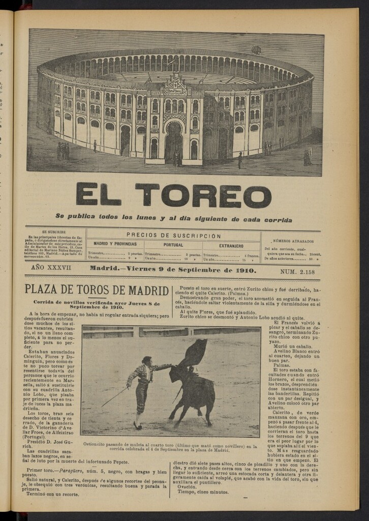 Miniatura de El Toreo: suplemento a "La Correspondencia Teatral"  del 9 de septiembre de 1910, nº 2158