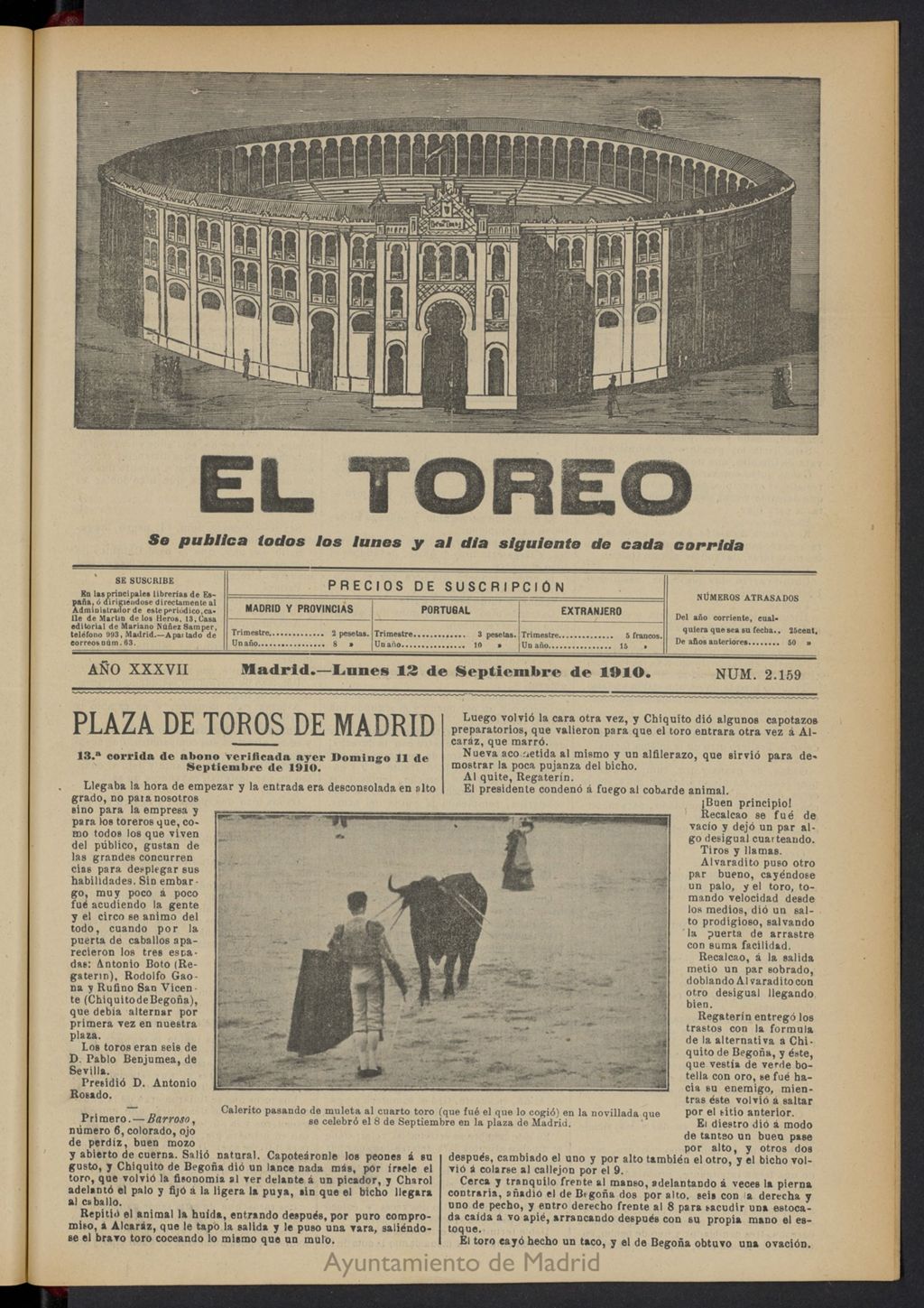 Miniatura de El Toreo: suplemento a "La Correspondencia Teatral"  del 12 de septiembre de 1910, nº 2159