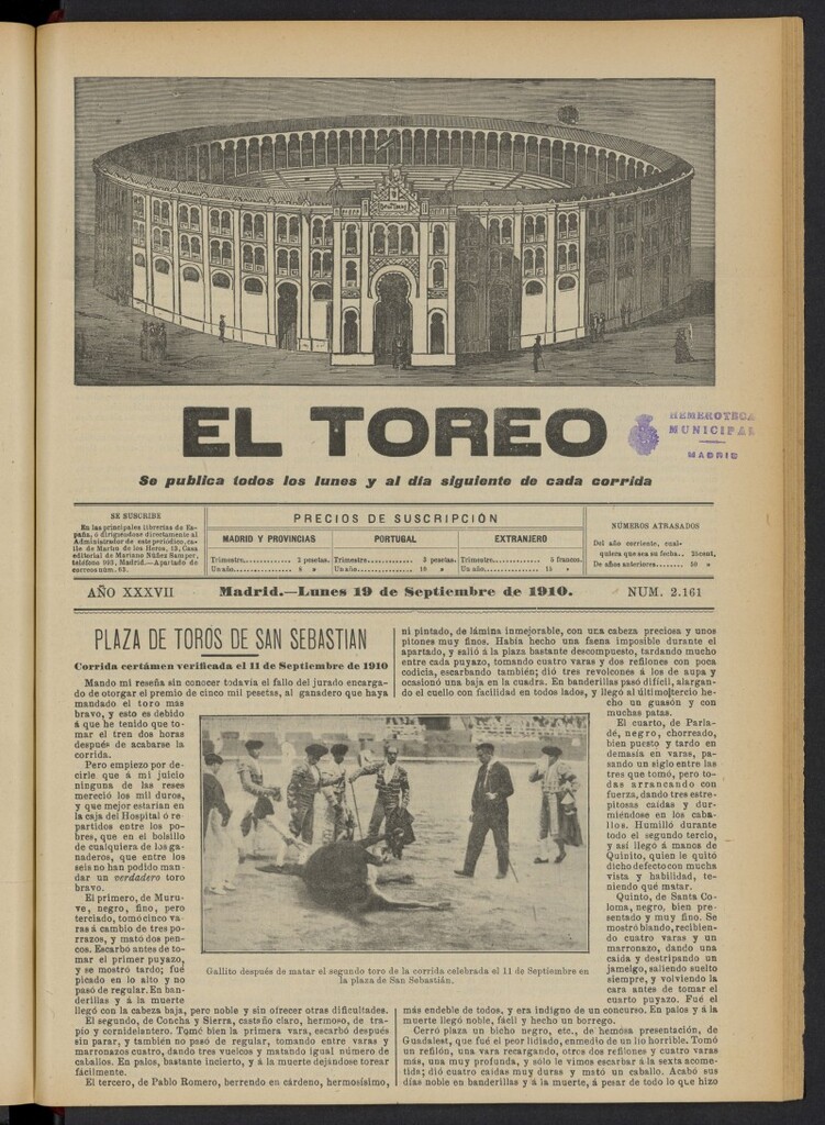 Miniatura de El Toreo: suplemento a "La Correspondencia Teatral"  del 19 de septiembre de 1910, nº 2161
