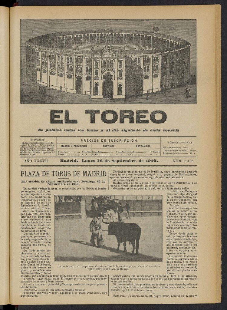 Miniatura de El Toreo: suplemento a "La Correspondencia Teatral"  del 26 de septiembre de 1910, nº 2162