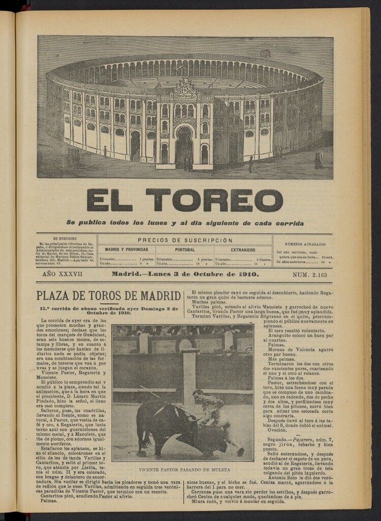Miniatura de El Toreo: suplemento a "La Correspondencia Teatral"  del 3 de octubre de 1910, nº 2163