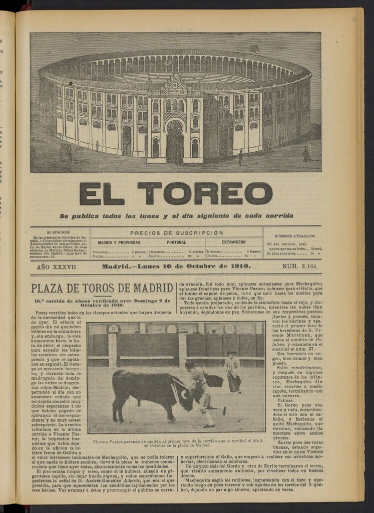 Miniatura de El Toreo: suplemento a "La Correspondencia Teatral"  del 10 de octubre de 1910, nº 2164