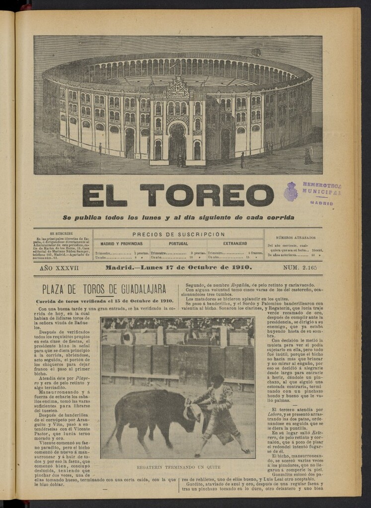 Miniatura de El Toreo: suplemento a "La Correspondencia Teatral"  del 17 de octubre de 1910, nº 2165