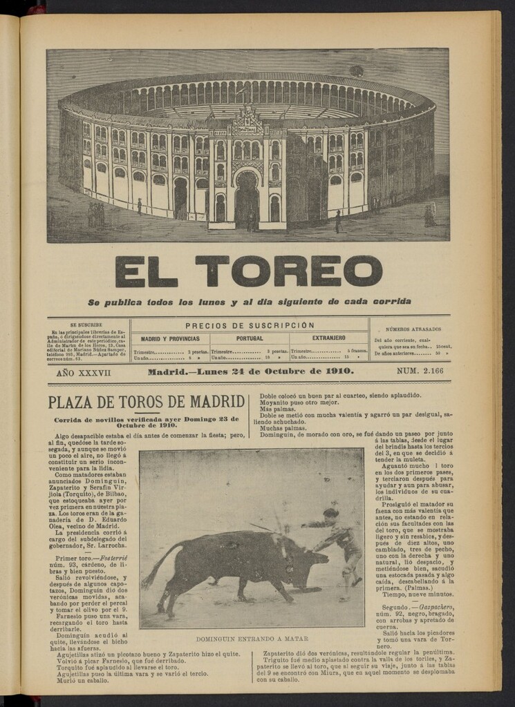 Miniatura de El Toreo: suplemento a "La Correspondencia Teatral"  del 24 de octubre de 1910, nº 2166