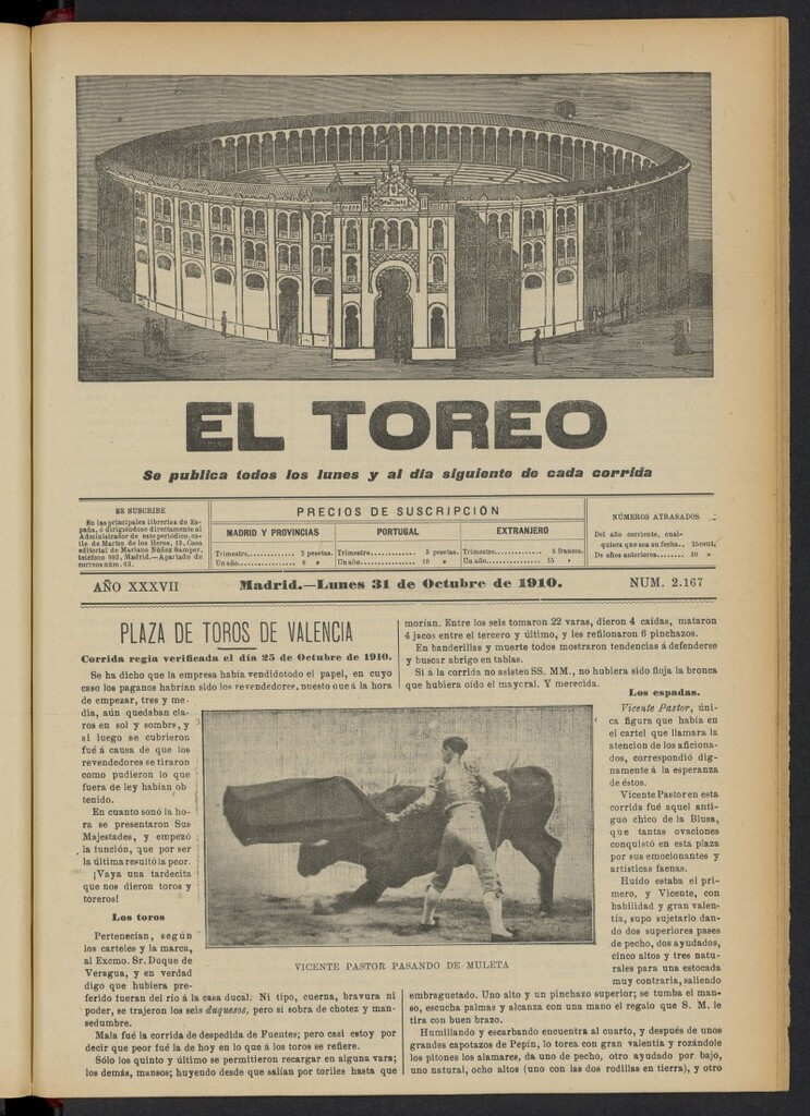 Miniatura de El Toreo: suplemento a "La Correspondencia Teatral"  del 31 de octubre de 1910, nº 2167