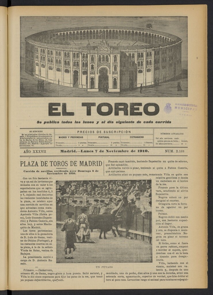 Miniatura de El Toreo: suplemento a "La Correspondencia Teatral"  del 7 de noviembre de 1910, nº 2168