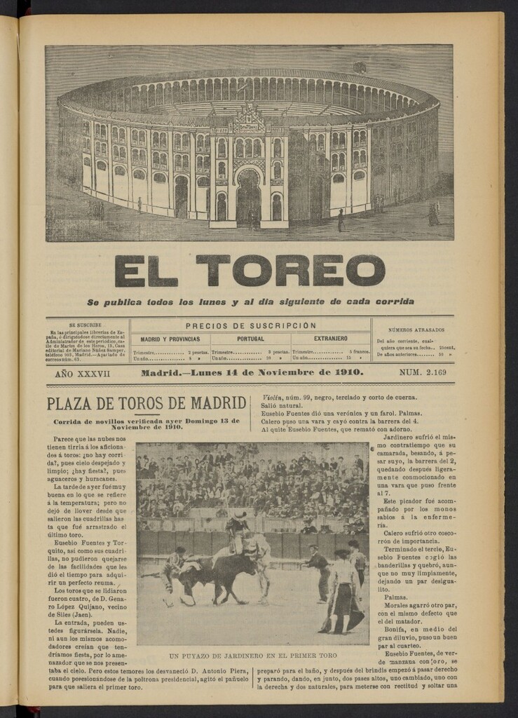 Miniatura de El Toreo: suplemento a "La Correspondencia Teatral"  del 14 de noviembre de 1910, nº 2169