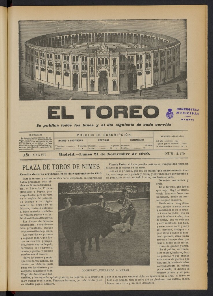 Miniatura de El Toreo: suplemento a "La Correspondencia Teatral"  del 21 de noviembre de 1910, nº 2170