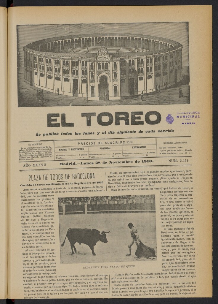 Miniatura de El Toreo: suplemento a "La Correspondencia Teatral"  del 28 de noviembre de 1910, nº 2171