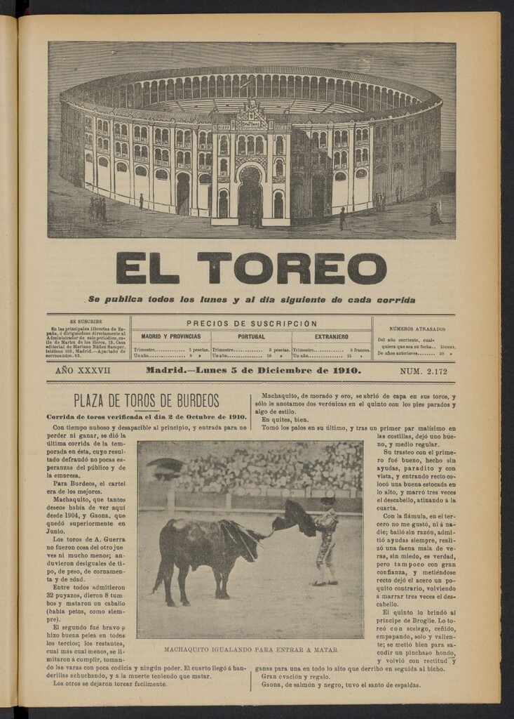 Miniatura de El Toreo: suplemento a "La Correspondencia Teatral"  del 5 de diciembre de 1910, nº 2172