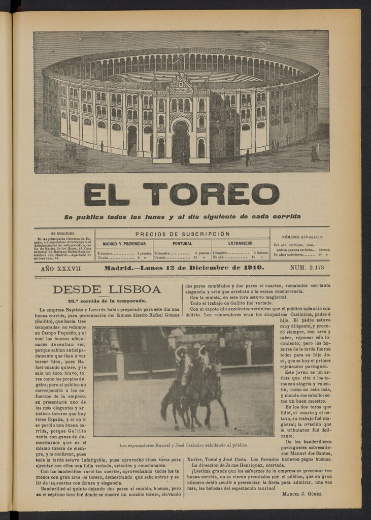 Miniatura de El Toreo: suplemento a "La Correspondencia Teatral"  del 12 de diciembre de 1910, nº 2173