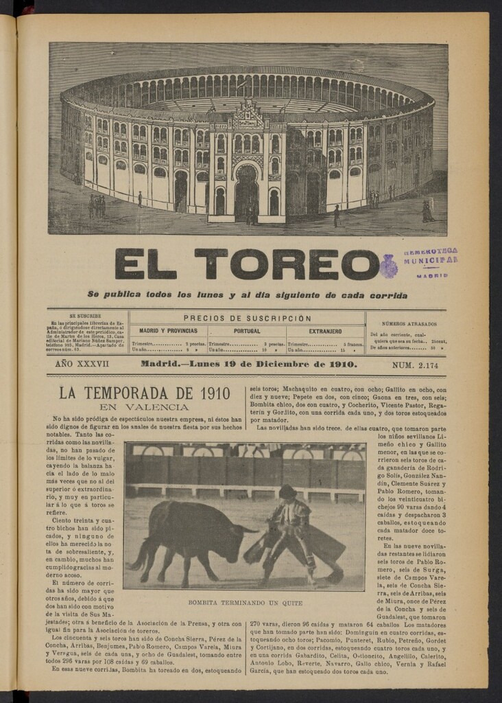 Miniatura de El Toreo: suplemento a "La Correspondencia Teatral"  del 19 de diciembre de 1910, nº 2174