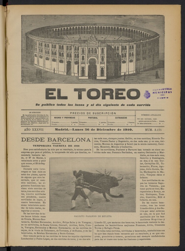Miniatura de El Toreo: suplemento a "La Correspondencia Teatral"  del 26 de diciembre de 1910, nº 2175