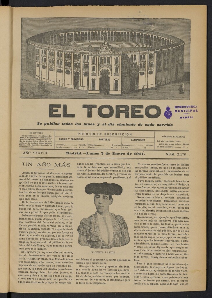 Miniatura de El Toreo: suplemento a ´´La Correspondencia Teatral´´  del 2 de enero de 1911, nº 2176
