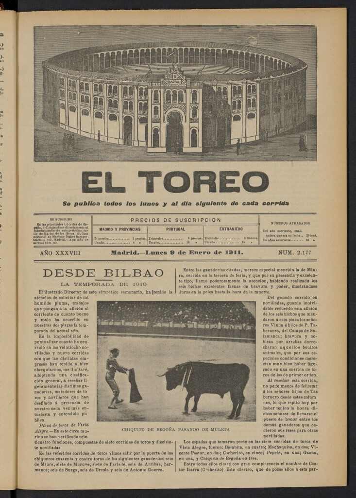 Miniatura de El Toreo: suplemento a "La Correspondencia Teatral"  del 9 de enero de 1911, nº 2177