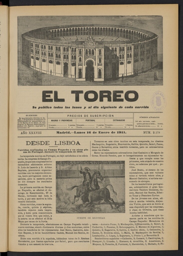 Miniatura de El Toreo: suplemento a ´´La Correspondencia Teatral´´  del 16 de enero de 1911, nº 2178