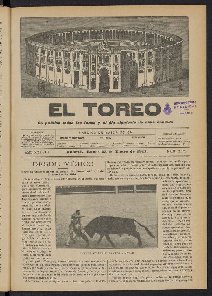 Miniatura de El Toreo: suplemento a ´´La Correspondencia Teatral´´  del 23 de enero de 1911, nº 2179