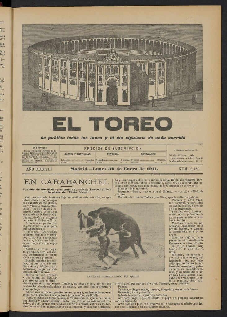 Miniatura de El Toreo: suplemento a "La Correspondencia Teatral"  del 30 de enero de 1911, nº 2180
