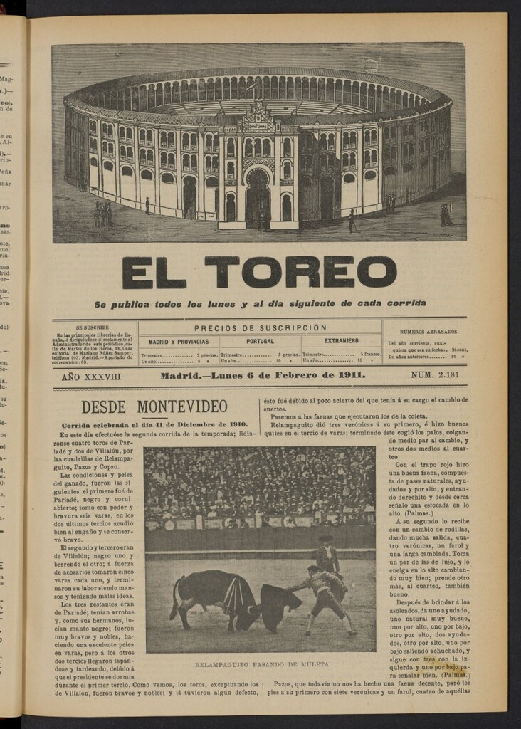 Miniatura de El Toreo: suplemento a "La Correspondencia Teatral"  del 6 de febrero de 1911, nº 2181