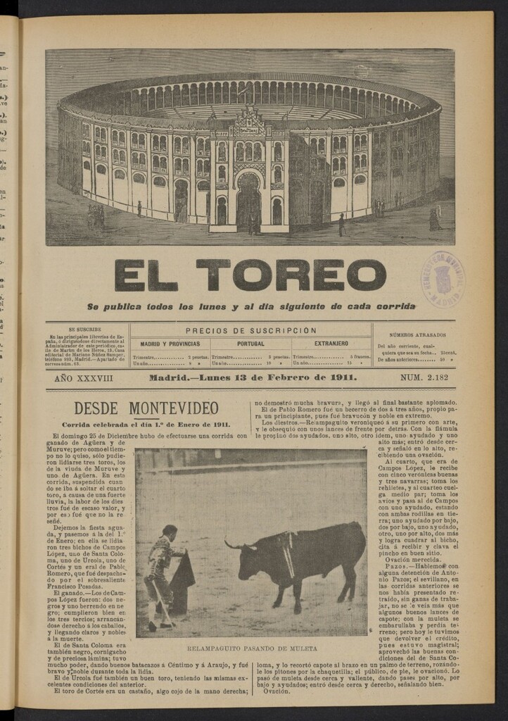Miniatura de El Toreo: suplemento a ´´La Correspondencia Teatral´´  del 13 de febrero de 1911, nº 2182