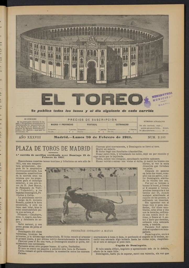 Miniatura de El Toreo: suplemento a ´´La Correspondencia Teatral´´  del 20 de febrero de 1911, nº 2183