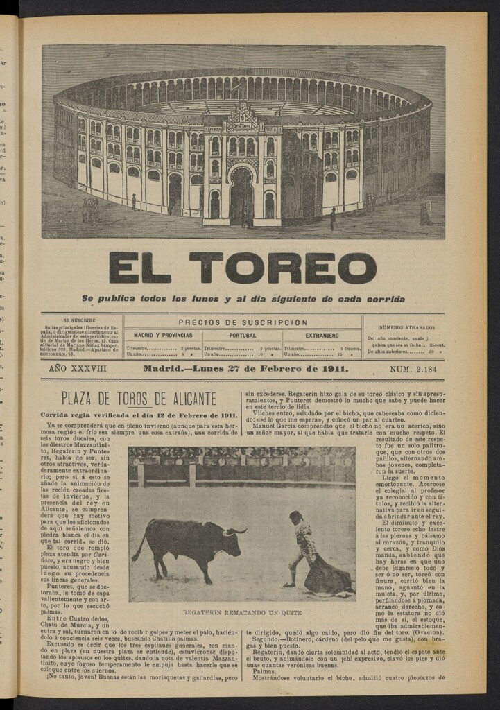 Miniatura de El Toreo: suplemento a "La Correspondencia Teatral"  del 27 de febrero de 1911, nº 2184