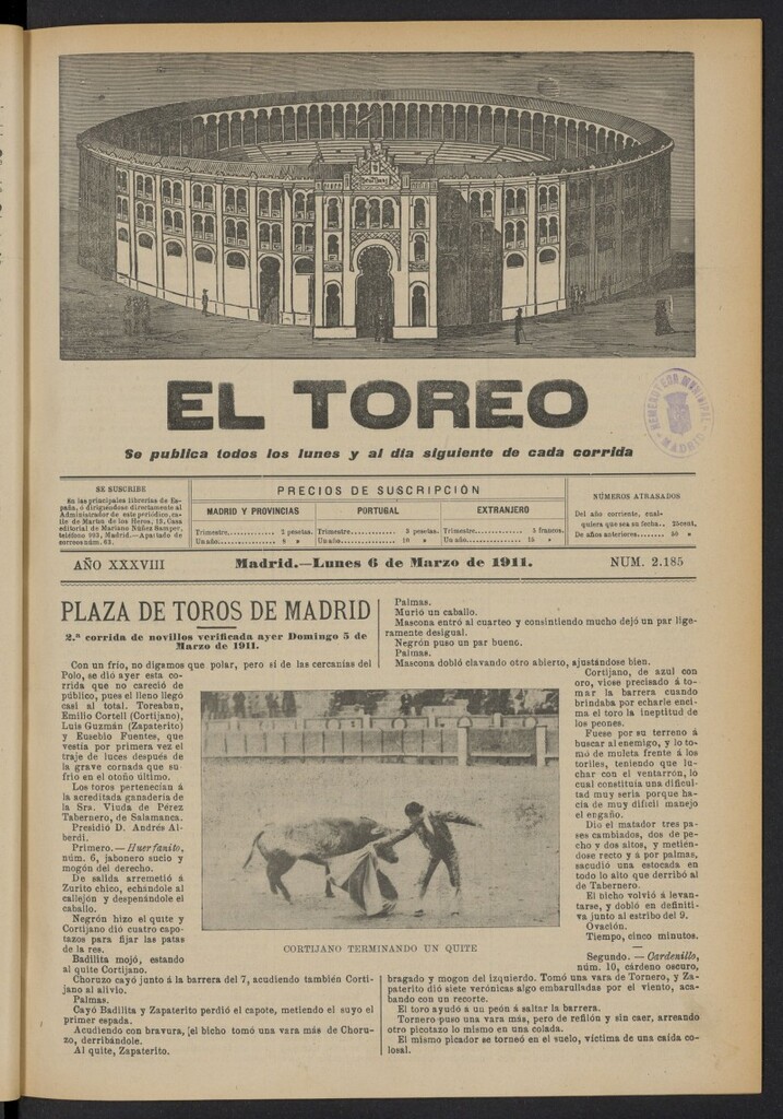 Miniatura de El Toreo: suplemento a "La Correspondencia Teatral"  del 6 de marzo de 1911, nº 2185