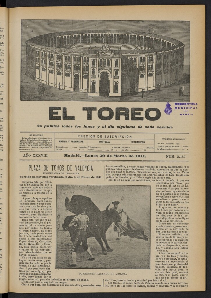 Miniatura de El Toreo: suplemento a ´´La Correspondencia Teatral´´  del 20 de marzo de 1911, nº 2187