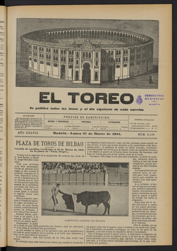 Miniatura de El Toreo: suplemento a "La Correspondencia Teatral"  del 27 de marzo de 1911, nº 2189