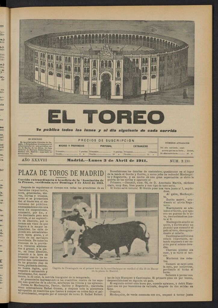 Miniatura de El Toreo: suplemento a "La Correspondencia Teatral"  del 3 de abril de 1911, nº 2190