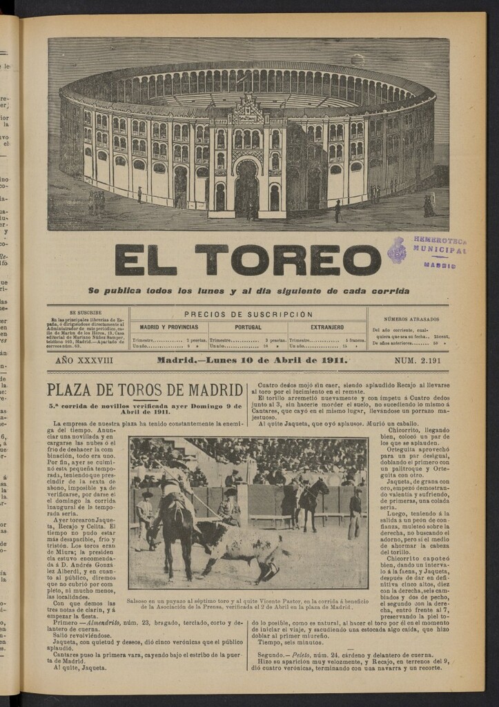 Miniatura de El Toreo: suplemento a ´´La Correspondencia Teatral´´  del 10 de abril de 1911, nº 2191