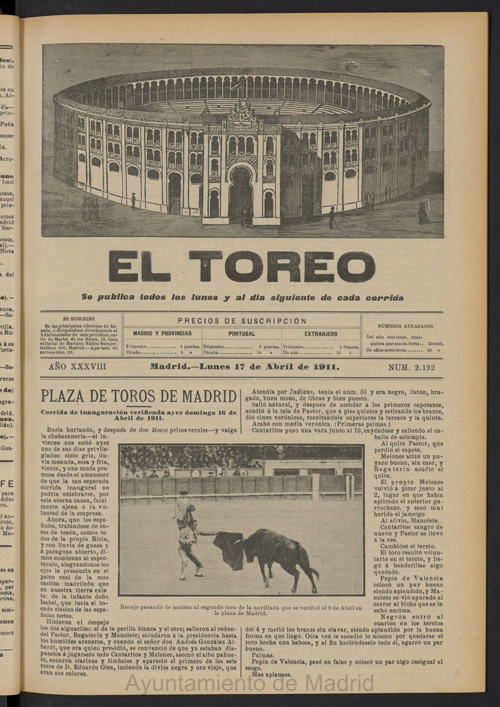 Miniatura de El Toreo: suplemento a ´´La Correspondencia Teatral´´  del 17 de abril de 1911, nº 2192