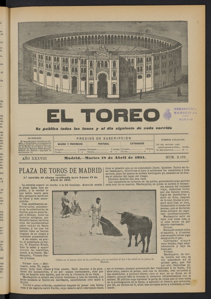 Miniatura de El Toreo: suplemento a ´´La Correspondencia Teatral´´  del 18 de abril de 1911, nº 2193
