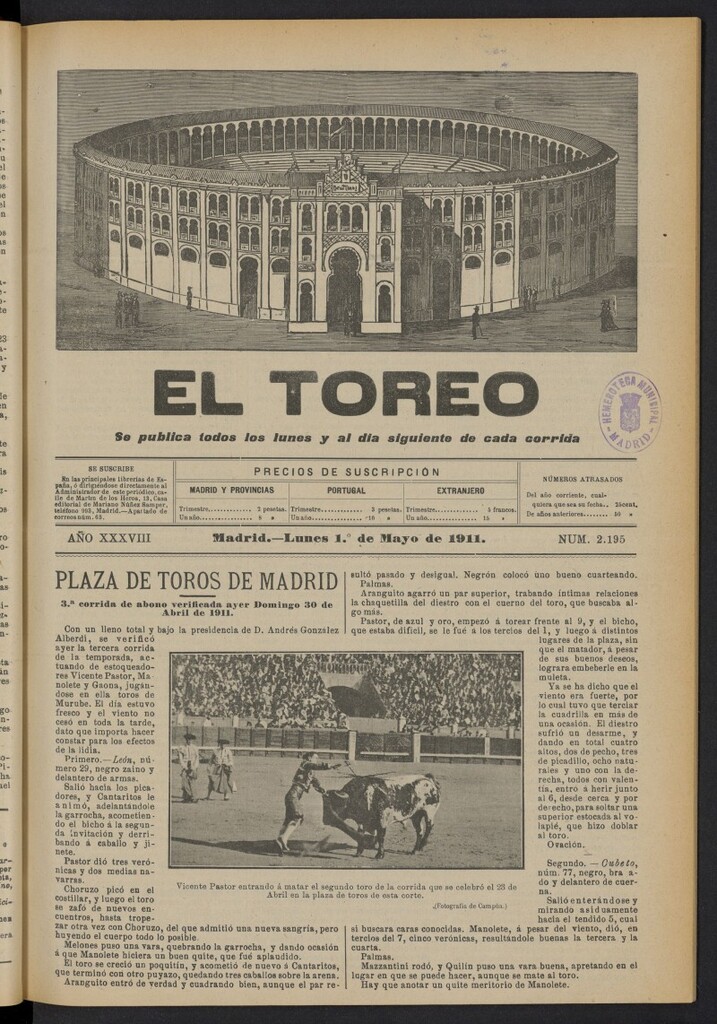 Miniatura de El Toreo: suplemento a ´´La Correspondencia Teatral´´  del 1 de mayo de 1911, nº 2195