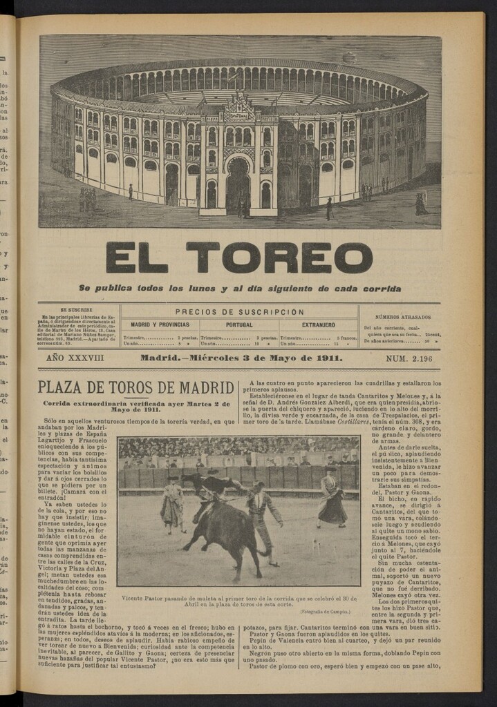 Miniatura de El Toreo: suplemento a "La Correspondencia Teatral"  del 3 de mayo de 1911, nº 2196