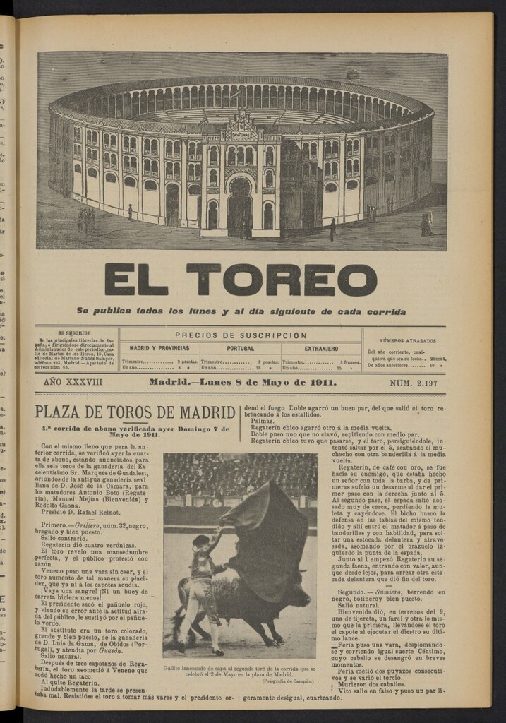 Miniatura de El Toreo: suplemento a "La Correspondencia Teatral"  del 8 de mayo de 1911, nº 2197