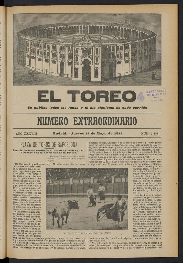 Miniatura de El Toreo: suplemento a ´´La Correspondencia Teatral´´  del 11 de mayo de 1911, nº 2198