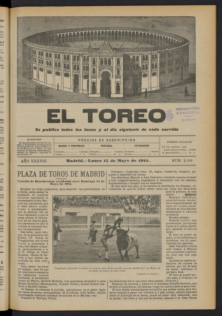Miniatura de El Toreo: suplemento a ´´La Correspondencia Teatral´´  del 15 de mayo de 1911, nº 2199