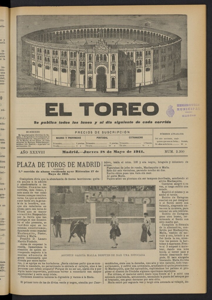 Miniatura de El Toreo: suplemento a ´´La Correspondencia Teatral´´  del 18 de mayo de 1911, nº 2200